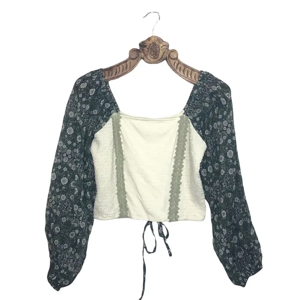 Anthropologie Top Cottagecore Smocked Coreset Lace Up Puff Sheer Floral Sleeves